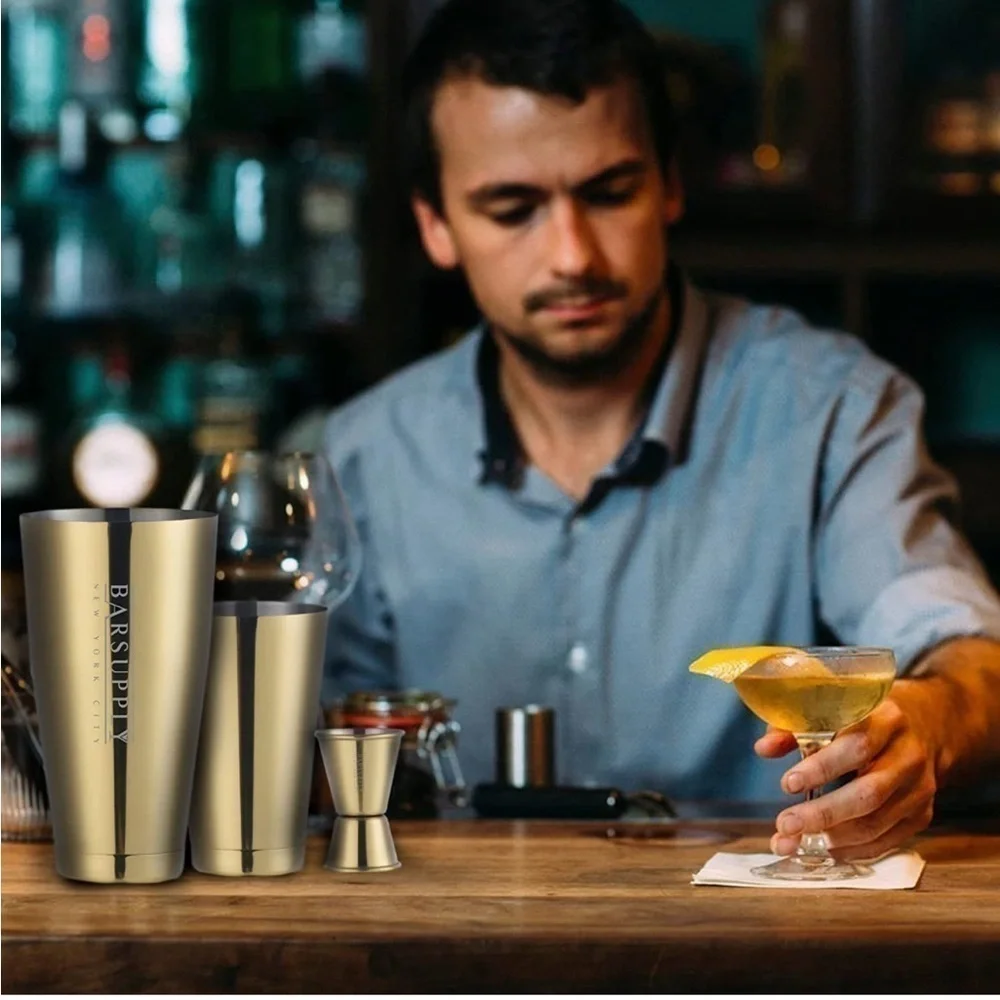 Brand New Professional Boston Cocktail Shaker Set 4-Piece Stainless Steel Gold